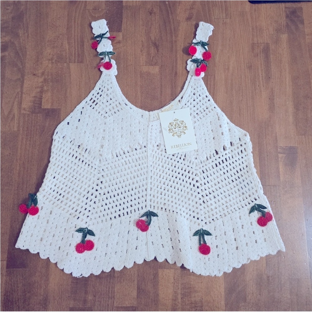 NWOT Cherry Crochet Top EMBELLISHED knit REBELLION AGAIN 3D Cherries new - Picture 2 of 11